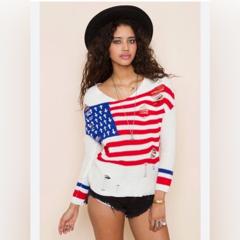 UNIF “Flag Religion” Distressed Sweater